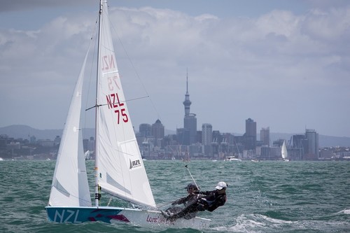 Jo Aleh and Olivia Powrie in their 470 at Oceanbridge Sail Auckland 2013. Auckland, New Zealand, 2 February 2013.  © Gareth Cooke - Subzero Images http://www.subzeroimages.com